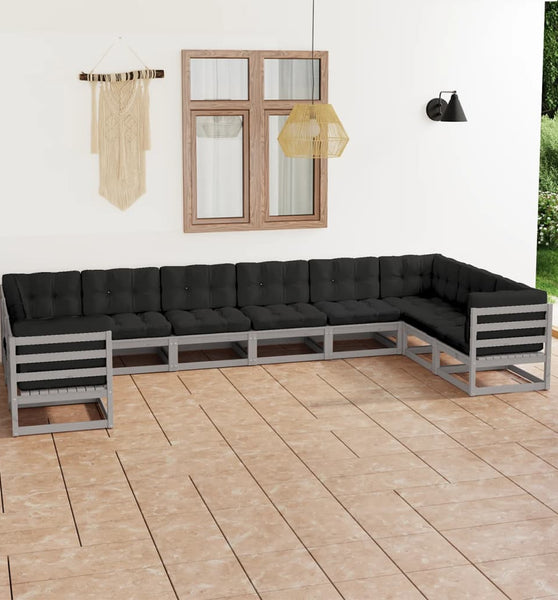 10-tlg. Garten-Lounge-Set mit Kissen Grau Massivholz Kiefer