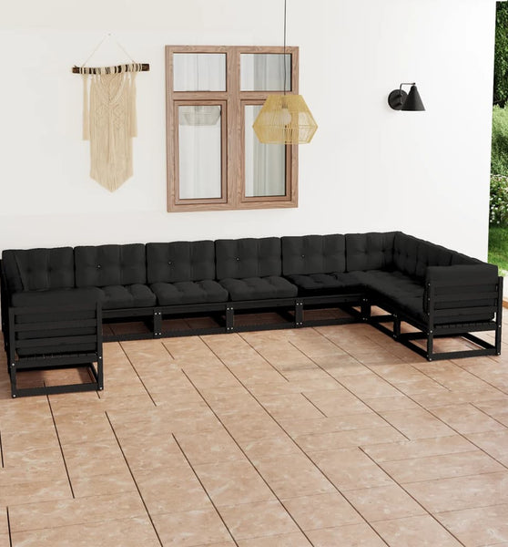 10-tlg. Garten-Lounge-Set mit Kissen Schwarz Massivholz Kiefer