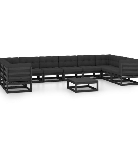 11-tlg. Garten-Lounge-Set mit Kissen Schwarz Kiefer Massivholz