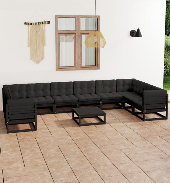 11-tlg. Garten-Lounge-Set mit Kissen Schwarz Kiefer Massivholz