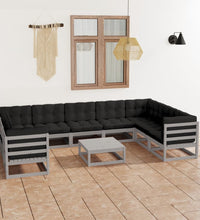 10-tlg. Garten-Lounge-Set mit Kissen Grau Massivholz Kiefer