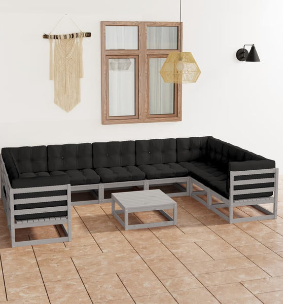 10-tlg. Garten-Lounge-Set mit Kissen Grau Massivholz Kiefer