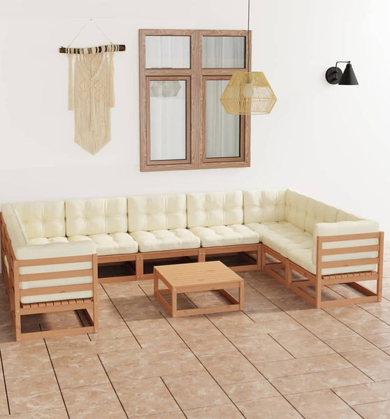 10-tlg. Garten-Lounge-Set mit Kissen Honigbraun Massivholz