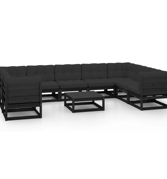 10-tlg. Garten-Lounge-Set mit Kissen Schwarz Massivholz Kiefer