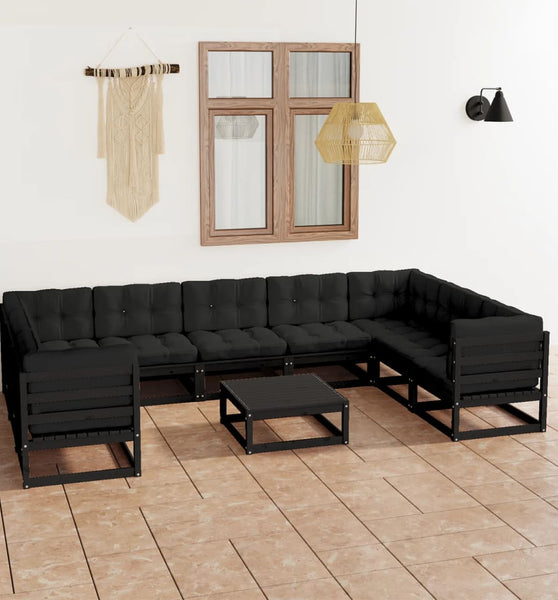 10-tlg. Garten-Lounge-Set mit Kissen Schwarz Massivholz Kiefer