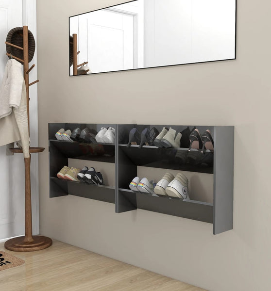Wand-Schuhschränke 2 Stk. Hochglanz-Grau 80x18x60cm