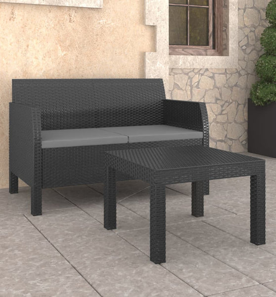 2-tlg. Garten-Lounge-Set mit Kissen PP Rattan Anthrazit