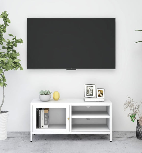 TV-Schrank Weiß 90x30x44 cm Stahl und Glas
