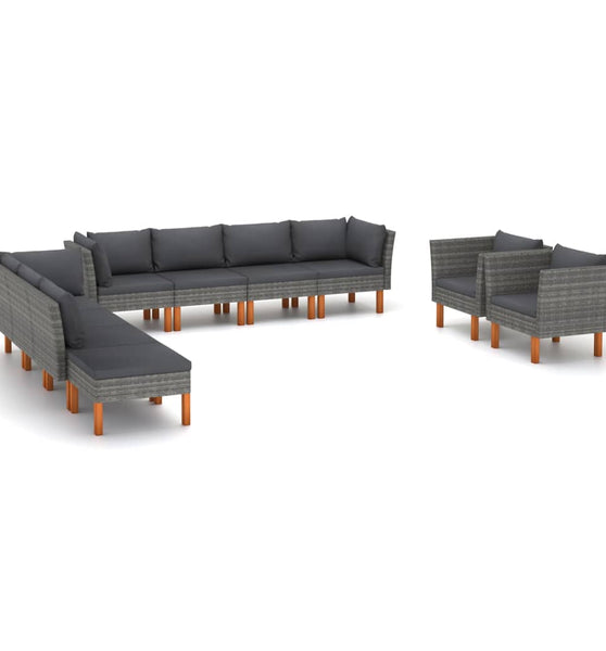 10-tlg. Garten-Lounge-Set Poly Rattan und Eukalyptusholz Grau