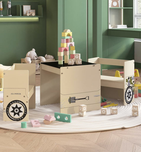 3-tlg. Kindertisch und Stuhl Set Geländewagen-Design MDF