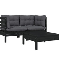 3-tlg. Garten-Lounge-Set mit Kissen Schwarz Kiefer Massivholz