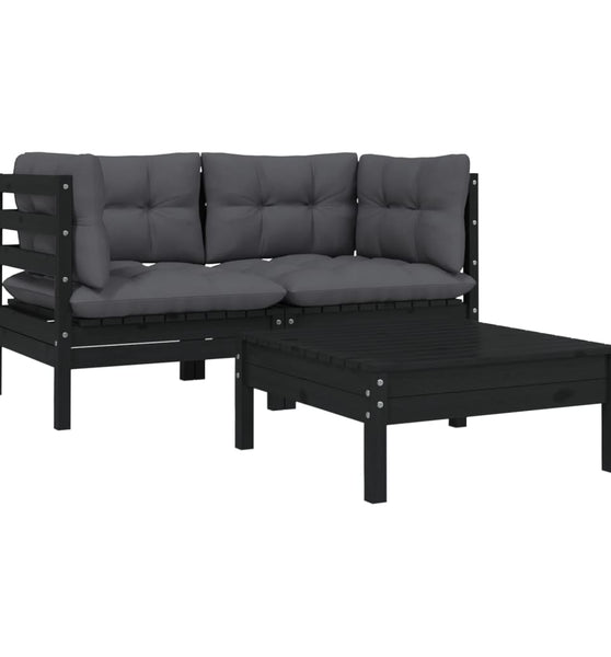 3-tlg. Garten-Lounge-Set mit Kissen Schwarz Kiefer Massivholz