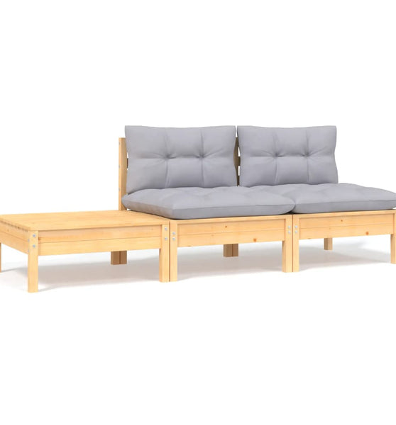 3-tlg. Garten-Lounge-Set mit Kissen Grau Kiefer Massivholz