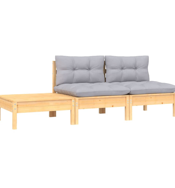 3-tlg. Garten-Lounge-Set mit Kissen Grau Kiefer Massivholz