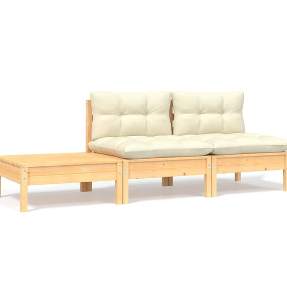 3-tlg. Garten-Lounge-Set mit Kissen in Creme Massivholz Kiefer