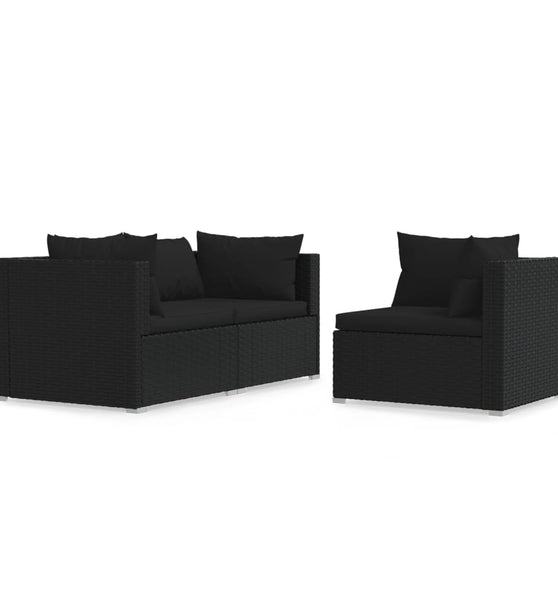 3-tlg. Garten-Lounge-Set mit Kissen Schwarz Poly Rattan