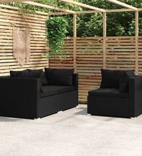 3-tlg. Garten-Lounge-Set mit Kissen Schwarz Poly Rattan