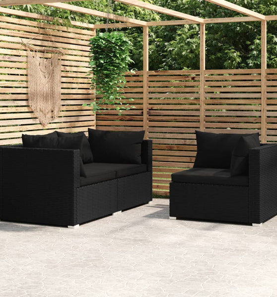 3-tlg. Garten-Lounge-Set mit Kissen Schwarz Poly Rattan