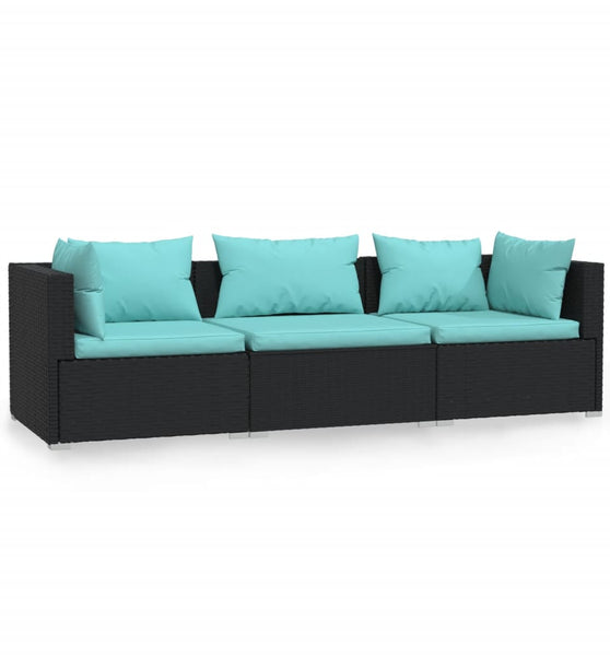 3-Sitzer-Sofa mit Auflagen Schwarz Poly Rattan