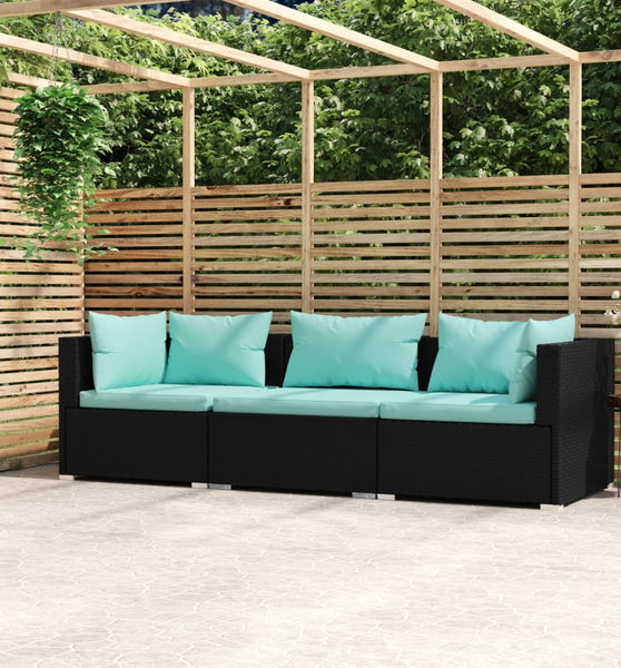 3-Sitzer-Sofa mit Auflagen Schwarz Poly Rattan