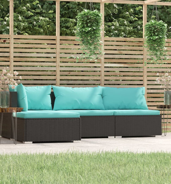 4-tlg. Garten-Lounge-Set mit Kissen Schwarz Poly Rattan