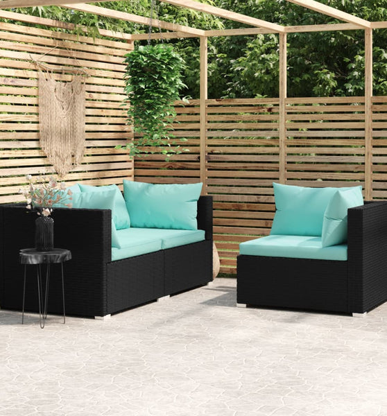 3-tlg. Garten-Lounge-Set mit Kissen Schwarz Poly Rattan