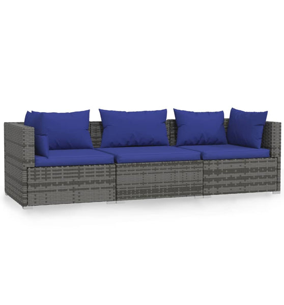 3-Sitzer-Sofa mit Kissen Grau Poly Rattan