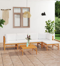 6-tlg. Garten-Lounge-Set mit Creme Kissen Massivholz Teak