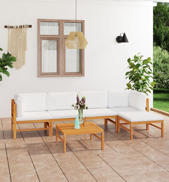 6-tlg. Garten-Lounge-Set mit Creme Kissen Massivholz Teak