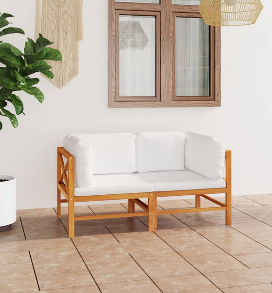 2-Sitzer-Gartensofa mit Creme Kissen Massivholz Teak