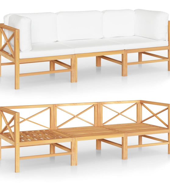 3-Sitzer-Gartensofa mit Creme Kissen Massivholz Teak