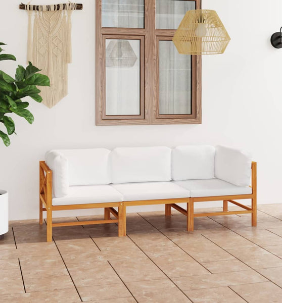 3-Sitzer-Gartensofa mit Creme Kissen Massivholz Teak