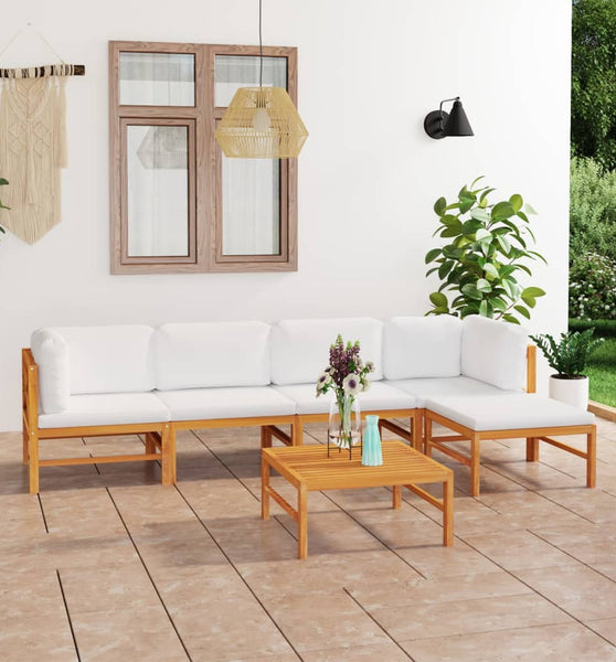 6-tlg. Garten-Lounge-Set mit Creme Kissen Massivholz Teak