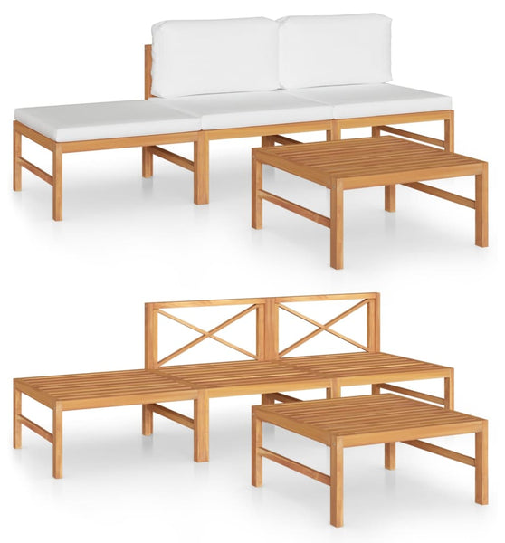 4-tlg. Garten-Lounge-Set mit Creme Kissen Massivholz Teak