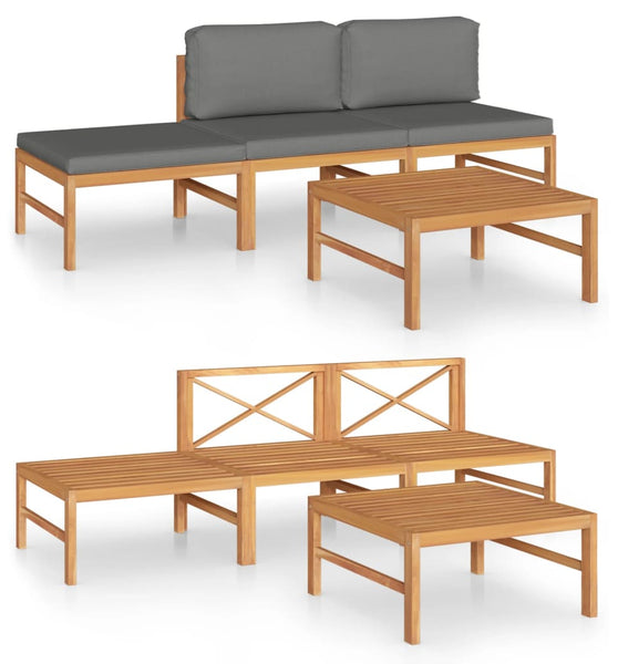 4-tlg. Garten-Lounge-Set mit Grauen Kissen Massivholz Teak