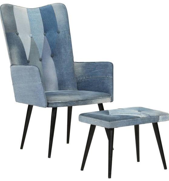 Sessel mit Hocker Blau Denim Patchwork Canvas