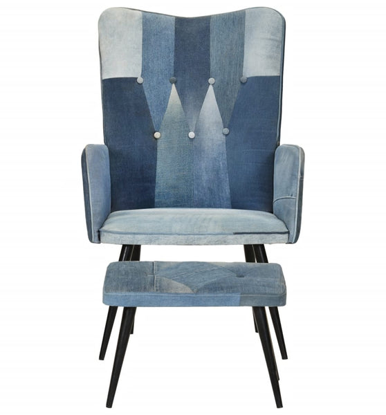 Sessel mit Hocker Blau Denim Patchwork Canvas