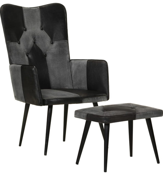 Sessel mit Hocker Schwarz Echtleder und Canvas