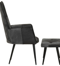 Sessel mit Hocker Schwarz Echtleder und Canvas