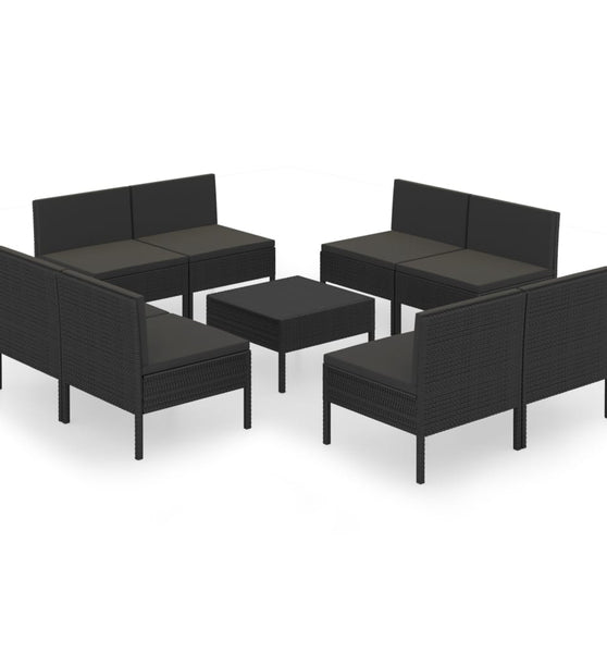 9-tlg. Garten-Lounge-Set mit Auflagen Poly Rattan Schwarz