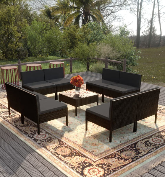 9-tlg. Garten-Lounge-Set mit Auflagen Poly Rattan Schwarz