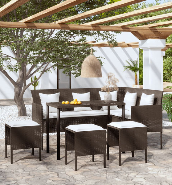 5-tlg. Sofagarnitur in L-Form mit Kissen Poly Rattan Braun