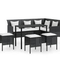 5-tlg. Sofagarnitur in L-Form mit Kissen Poly Rattan Schwarz