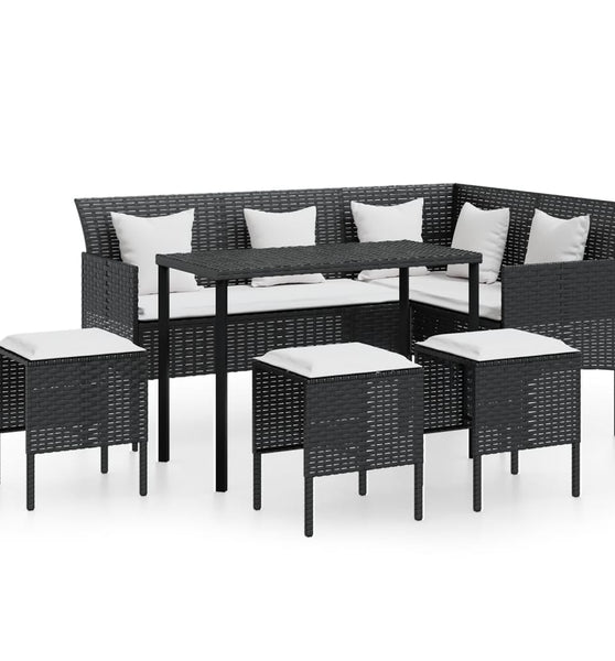 5-tlg. Sofagarnitur in L-Form mit Kissen Poly Rattan Schwarz