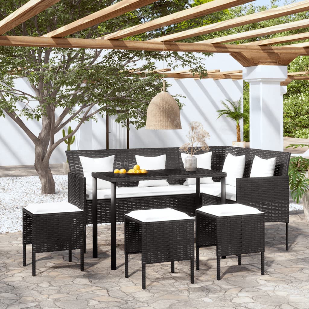 5-tlg. Sofagarnitur in L-Form mit Kissen Poly Rattan Schwarz