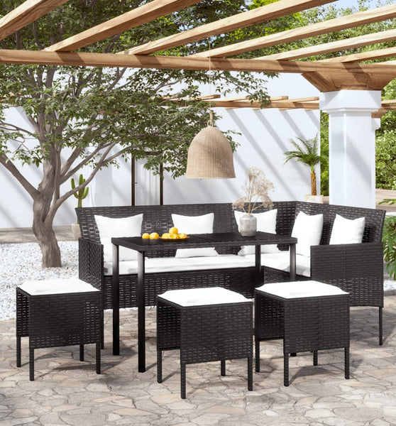5-tlg. Sofagarnitur in L-Form mit Kissen Poly Rattan Schwarz
