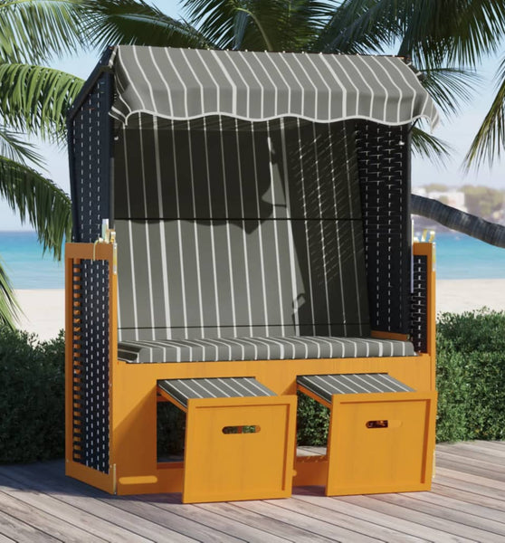 Strandkorb mit Dach Poly Rattan und Massivholz Schwarz & Grau