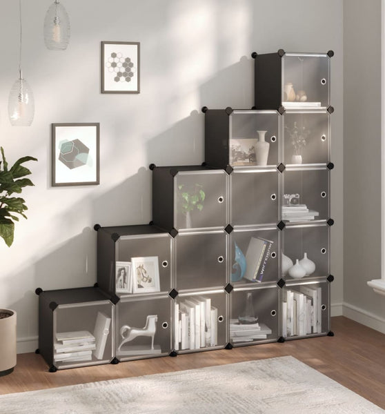 Regalsystem mit 15 Würfeln und Türen Schwarz PP