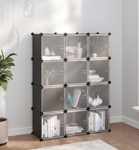 Regalsystem mit 12 Würfeln und Türen Schwarz PP