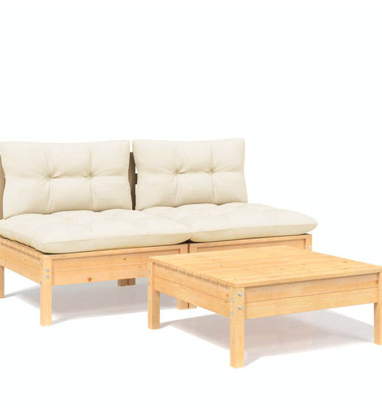 3-tlg. Garten-Lounge-Set mit Creme Kissen Kiefernholz